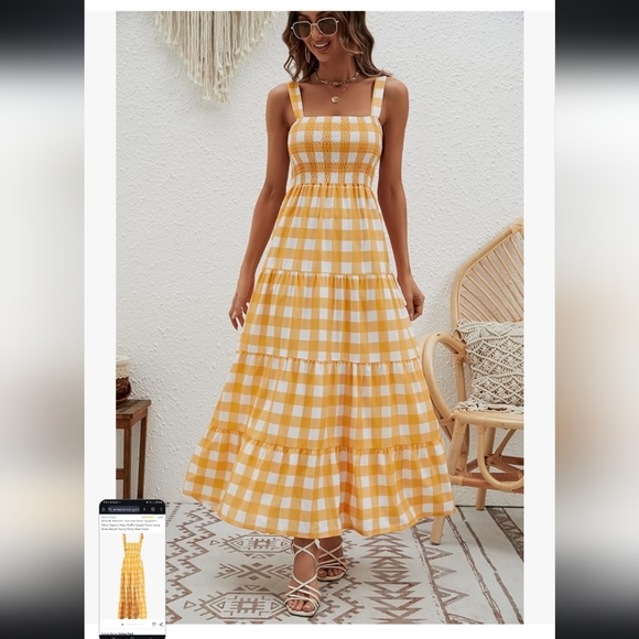 Women's yellow gingham summer boho flowy long dress Sz Large - Picture 7 of 8